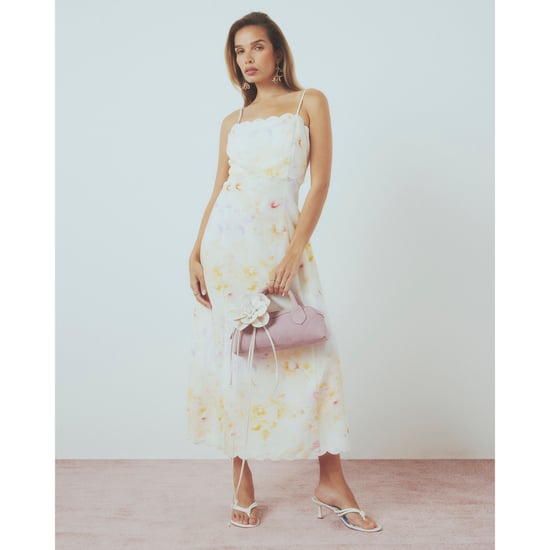 River Island Womens Midi Dress Cream Linen Blend Floral Scallop - Image 1