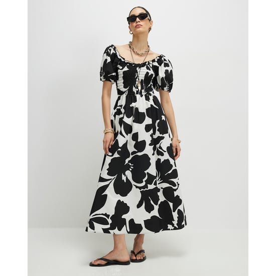River Island Womens Midi Dress White Monochrome Floral Shirred - Image 1