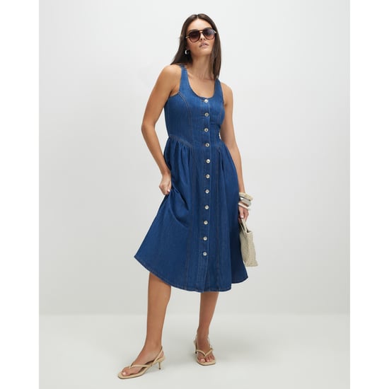 River Island Womens Midi Dress Blue Denim Button Front - Image 1