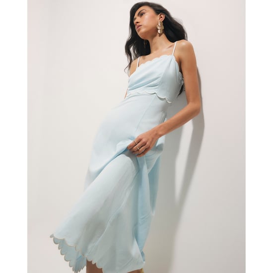 River Island Womens Midi Dress Blue Linen Blend Scallop Trim - Image 1