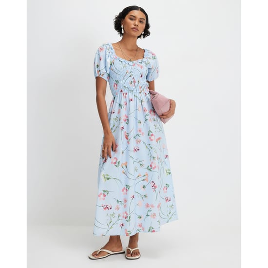 River Island Womens Midi Dress Blue Cotton Floral Shirred - Image 1