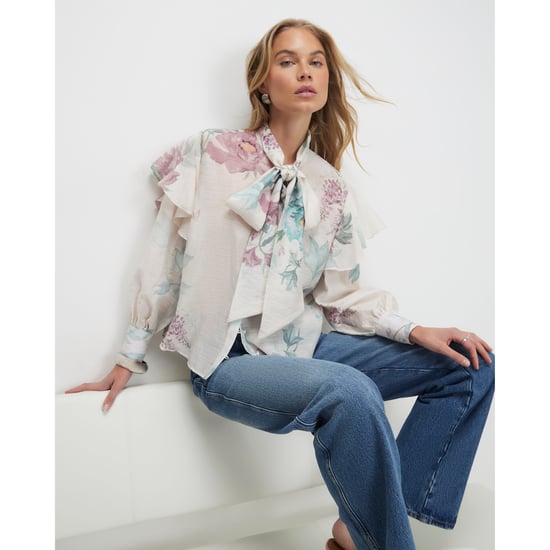 River Island Womens Blouse Cream Floral Pussybow - Image 1