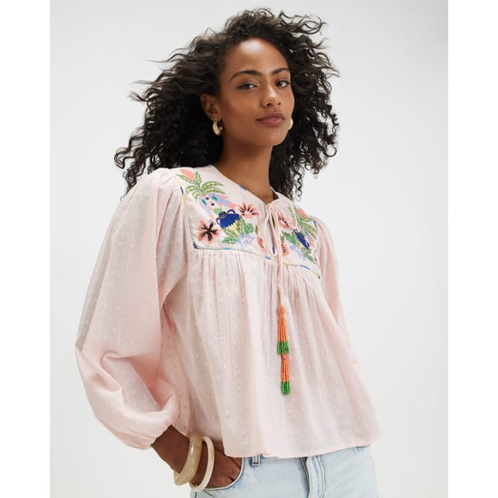 River Island Womens Blouse Pink Tropical Embroidered Smock - Image 1