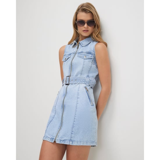River Island Womens Mini Dress Blue Denim Sleeveless Belted - Image 1