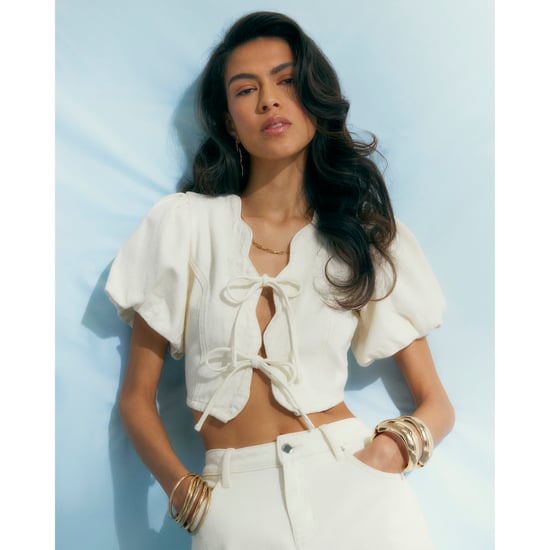 River Island Womens Cream Tie Front Puff Sleeve Denim Top - Image 1