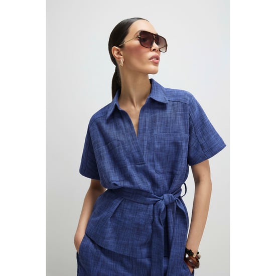 River Island Womens Navy Linen Look Collared Belted Top - Image 1