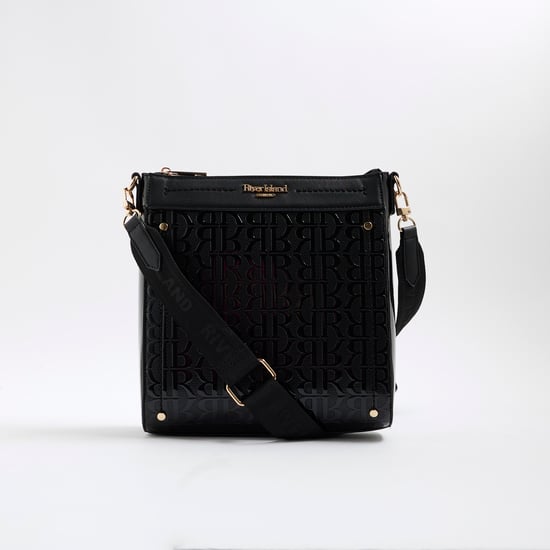 River Island Womens Black Patent Monogram Messenger Bag - Image 5