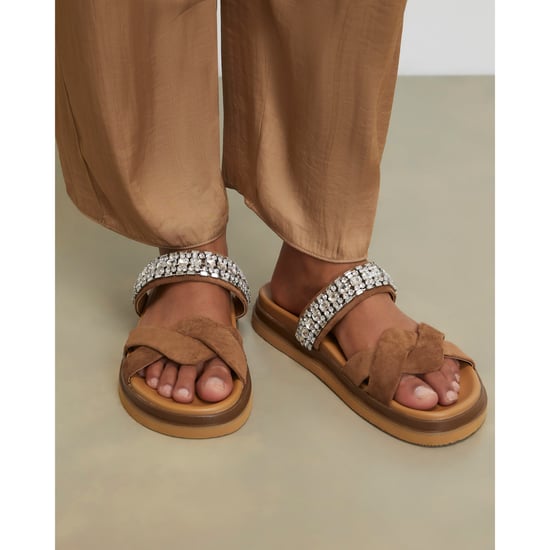 River Island Womens Sandals Beige Cross Strap Diamante - Image 1