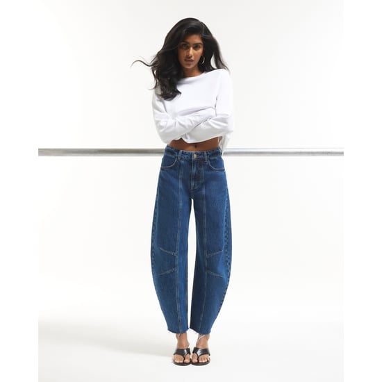 River Island Womens Wide Leg Jeans Blue Mid Rise Seamed Raw Hem Barrel - Image 1