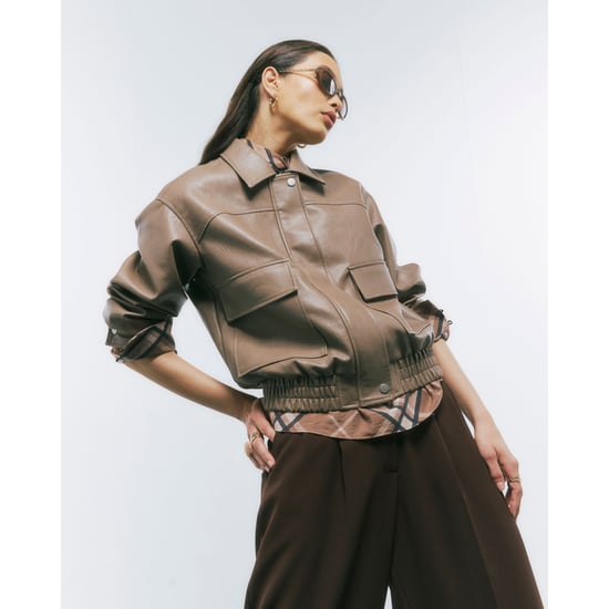 River Island Womens Bomber Jacket Beige Textured Faux Leather - Image 1