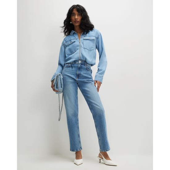 River Island Womens Bomber Jacket Blue Denim Tencel Bubble Hem - Image 1