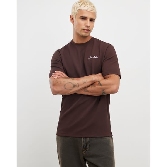 River Island Mens T-shirt Brown Slim Fit Slinky Ame Saint - Image 1