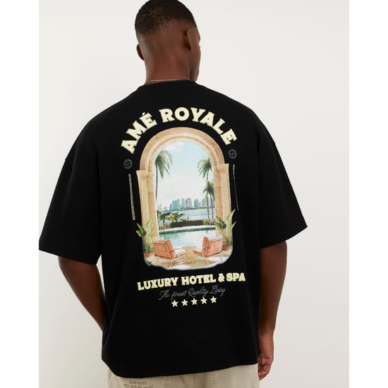 River Island Mens T-shirt Black Oversized Fit Landscape Patch - Image 1