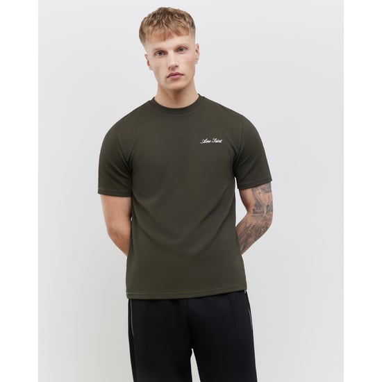 River Island Mens T-shirt Khaki Slim Fit Textured Ame Saint - Image 1