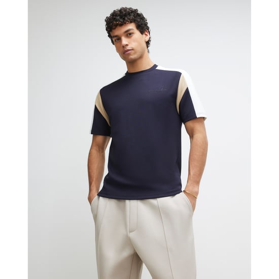 River Island Mens T-shirt Navy Slim Fit Shoulder Colour Block - Image 1