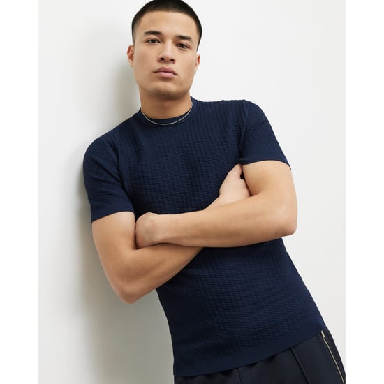 River Island Mens T-shirt Navy Muscle Fit Zig Zag Textured - Image 1