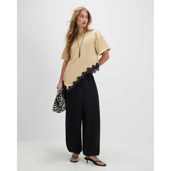 River Island Womens T-shirt Beige Asymmetric Lace Satin - Image 1