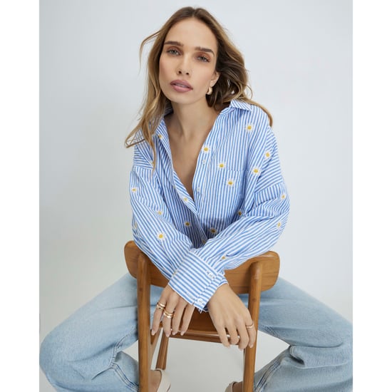 River Island Womens Blue Striped Daisy Embroidered Knot Shirt - Image 1