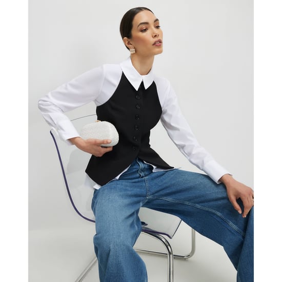 River Island Womens Waistcoat Black Hybrid Detail Shirt - Image 1