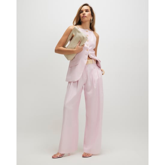 River Island Womens Wide Leg Trousers Pink Linen Look Belted - Image 1