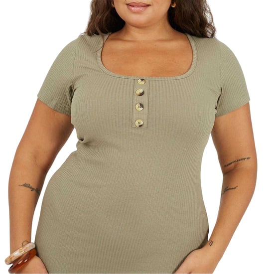 Brave Soul Mini-jurk met vierkante halslijn en korte mouwen voor dames (grote maten) (Khaki) - Image 4