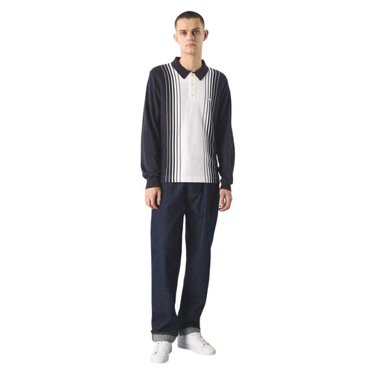 Pretty Green Mens Vertical Stripe Regular Long-Sleeved Polo Shirt (Navy) - Image 3