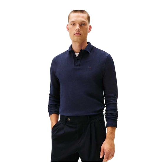 Tommy Hilfiger Heren Poloshirt met lange mouwen in visgraatmotief (Licht Blauw) - Image 1