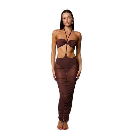 Honeyz Womens/Ladies Midi Mesh Halter Neck Bodycon Dress (Brown) - Image 3