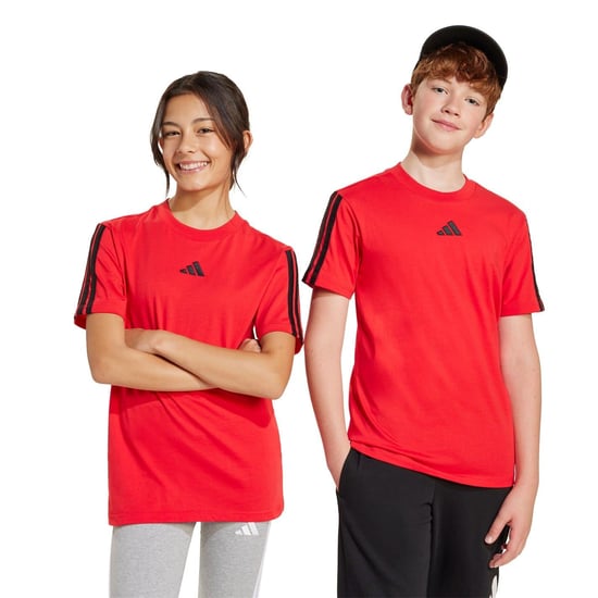 Boys adidas 3 Stripe Essentials T-Shirt Junior in Ruby/Black - Image 2
