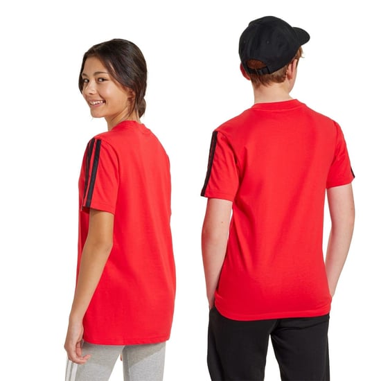 Boys adidas 3 Stripe Essentials T-Shirt Junior in Ruby/Black - Image 3