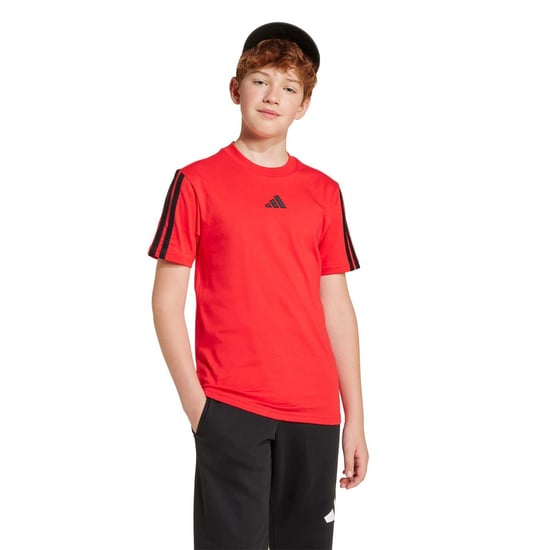 Boys adidas 3 Stripe Essentials T-Shirt Junior in Ruby/Black - Image 4