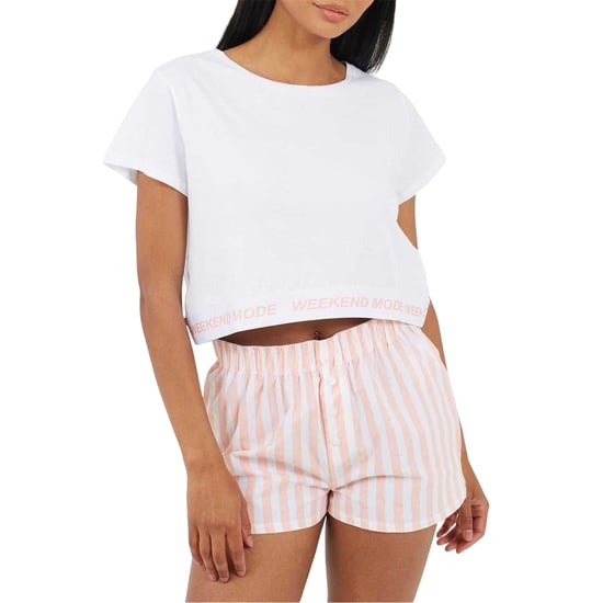 Brave Soul Randigt kort pyjamas-set för kvinnor/damer i helgstil (Vit/persika) - Image 2