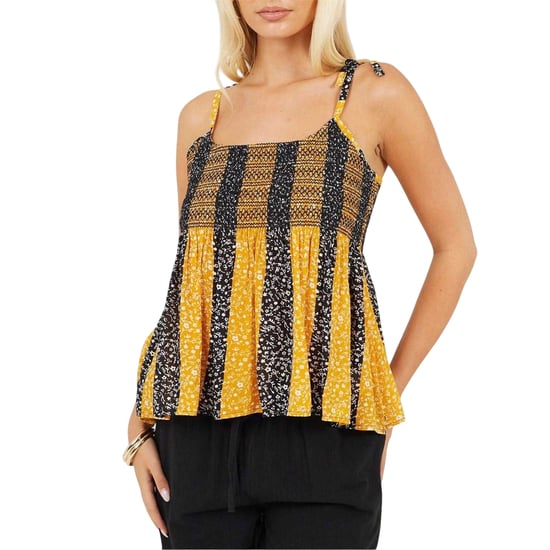 Brave Soul Dames-topje met bloemenprint, strepen en gerimpelde spaghettibandjes (Geel/zwart) - Image 2