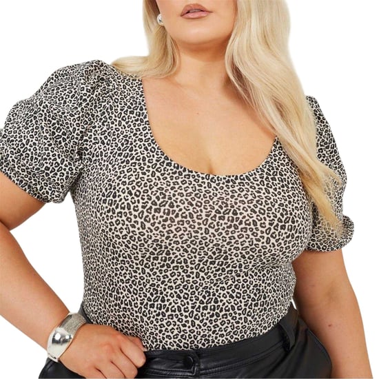 Brave Soul Bodysuit för kvinnor med leopardmönster och puffärmar i storlekarna plus size (Svart/vit) - Image 4