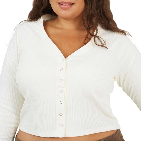 Brave Soul Dames Rippend V-Hals Plus Lange Mouwen Crop Top (Crème) - Image 3