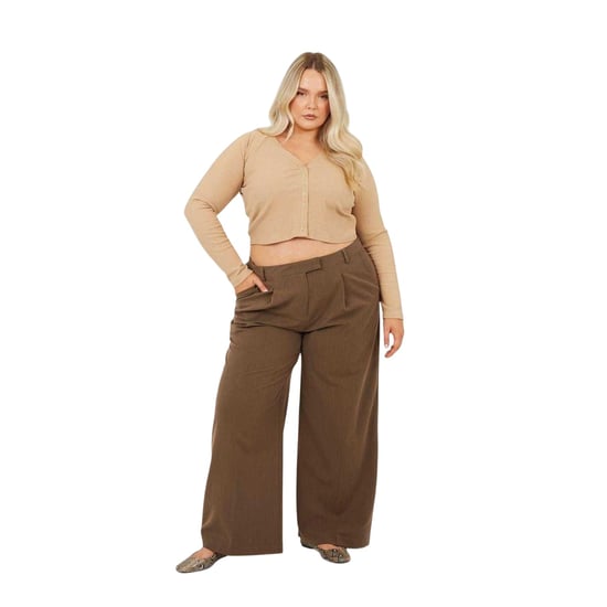 Brave Soul Dames Geribbeld V-Hals Plus Lange Mouwen Crop Top (Taupe) - Image 4