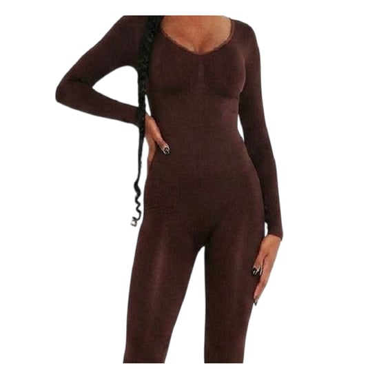 Missy Empire Damesjumpsuit met diep decolleté, strakke pasvorm en lange mouwen (Chocolade) - Image 2
