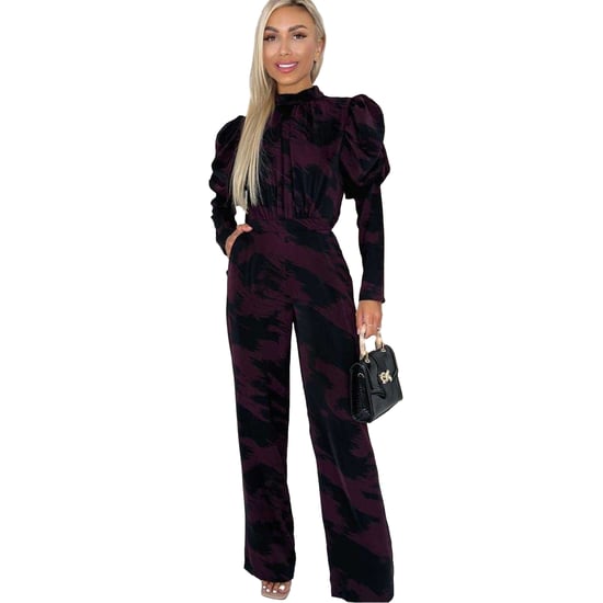 AX Paris Womens/Ladies Abstract Polyester Wide Leg Puff Sleeve Jumpsuit (Wine) - Image 2