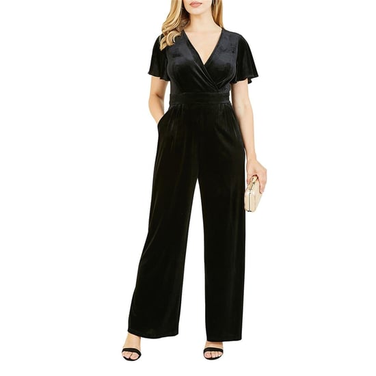 Yumi Jumpsuit voor dames met overslag, van fluweel, V-hals en engelenmouwen (Zwart) - Image 3