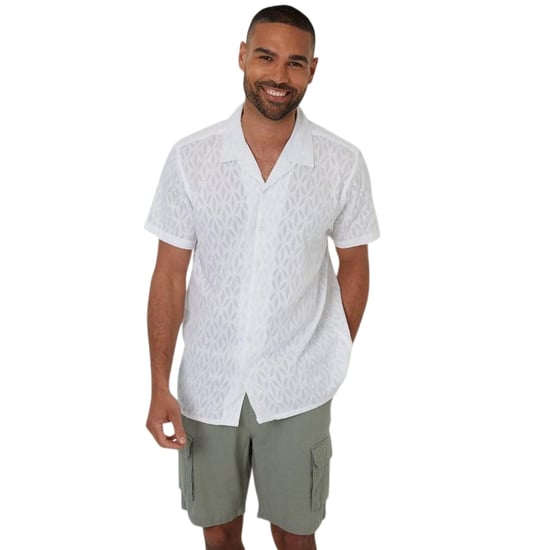 Threadbare Herr Geometriskt Mönster Kortärmad Skjorta (Vit) - Image 1
