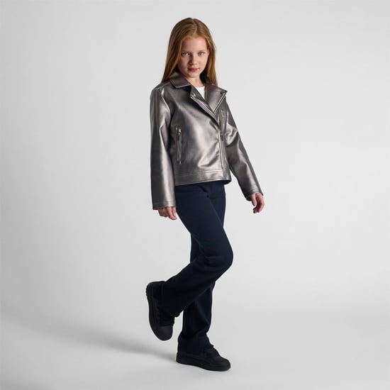 Girls Minoti Solid Patterned Asymmetric Zipper Lapel Collared Bike Jacket in Silver - Image 2