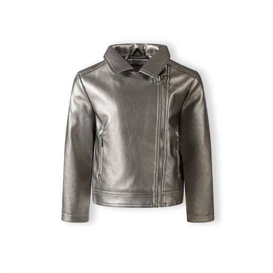 Girls Minoti Solid Patterned Asymmetric Zipper Lapel Collared Bike Jacket in Silver - Image 4