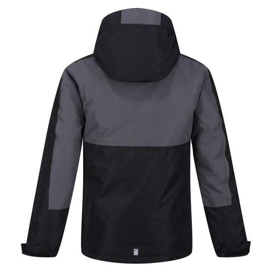 Boys Regatta Beamziii Color Block Hooded Zipped Pocket Rain Jacket in Black/Sealgr - Image 2