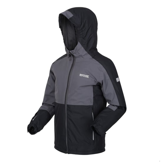 Boys Regatta Beamziii Color Block Hooded Zipped Pocket Rain Jacket in Black/Sealgr - Image 3