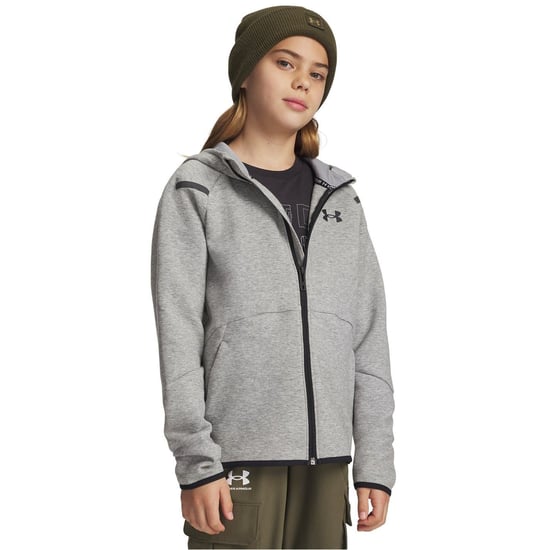 Boys Under Armour Unstoppable Hooded Neck Full Zipper Ribbed Cuff Sweat Jacket in Grey - Image 3