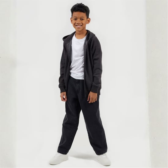 Boys Brave Soul Solid Patterned Hooded Ribbed Cuff Sweat Jacket with Zipped Pocket in Dark Charcoal - Image 4