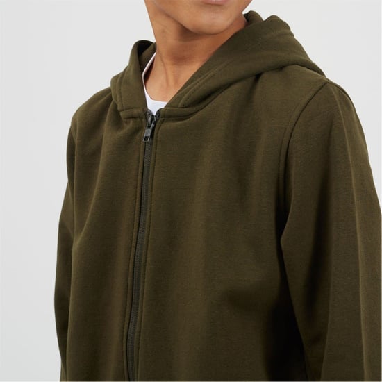 Boys Brave Soul Solid Patterned Hooded Ribbed Cuff Sweat Jacket with Zipped Pocket in Mid Khaki - Image 3