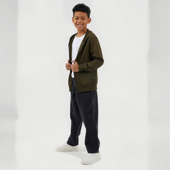 Boys Brave Soul Solid Patterned Hooded Ribbed Cuff Sweat Jacket with Zipped Pocket in Mid Khaki - Image 4
