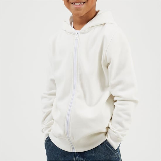 Boys Brave Soul Solid Patterned Hooded Ribbed Cuff Sweat Jacket with Zipped Pocket in Off White - Image 1