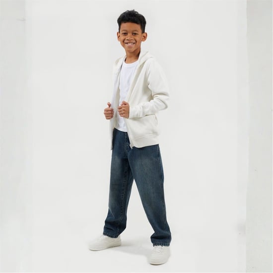 Boys Brave Soul Solid Patterned Hooded Ribbed Cuff Sweat Jacket with Zipped Pocket in Off White - Image 4